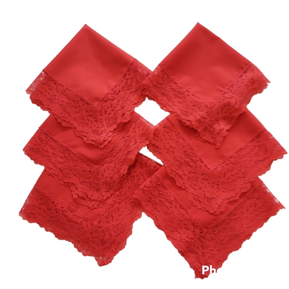 Cloth Table Dinner Napkins Set of 6 Red Lace Trimmed - Picture 1 of 8